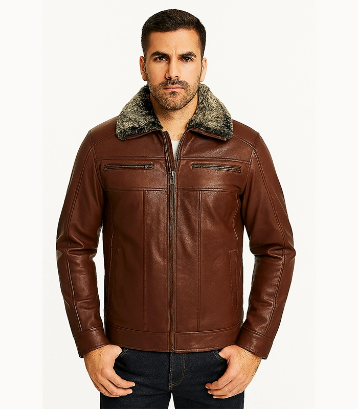 Evan Hart Brown Leather Jacket with Fur Evan Hart Brown Leather Jacket with Fur