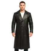 Mens Black Leather Full Length Trench Coat