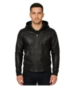 Richards Black Leather Bomber Jacket With Hood