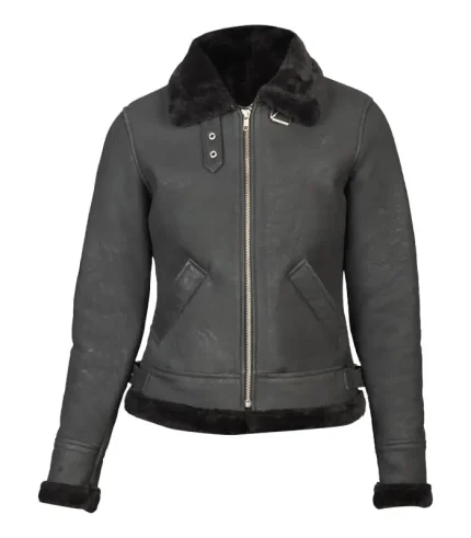 Shearling B-3 Distressed Black Leather Bomber Jacket