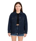 A classic women’s blue denim jacket featuring a medium wash, silver-tone button closures, and traditional amber contrast stitching.