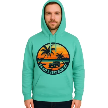 Enjoy Every Sunset Custom Hoodie – Teal Beach Graphic