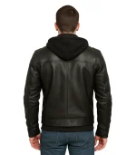 Men Black Leather Racer Jacket with Removable Hoodie