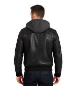 Men’s Black Leather Bomber Jacket with Removable Hood