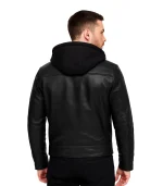 Men’s Black Leather Jacket with Removable Hoodie