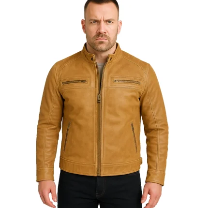 Men’s Distressed Camel Brown Cafe Racer Leather Jacket