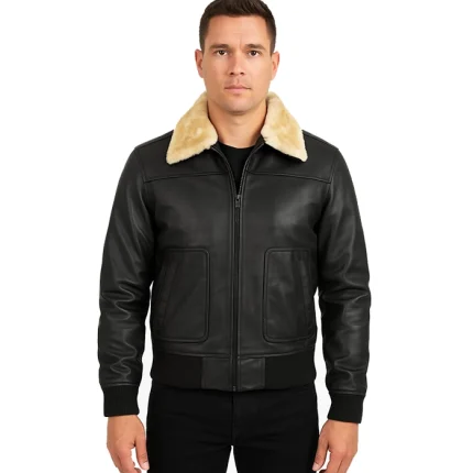 Men's Fur Collar Black Bomber Leather Jacket
