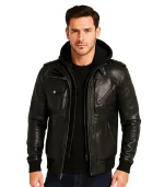 Men’s Grey Leather Bomber Jacket with Removable Hood