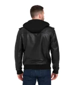 Men’s Grey Leather Bomber Jacket with Removable Hood