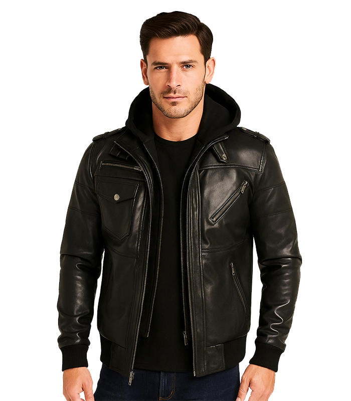 Men’s Grey Leather Bomber Jacket with Removable Hood Men’s Grey Leather Bomber Jacket with Removable Hood