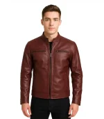 Men’s Maroon Leather Cafe Racer Motorcycle Jacket