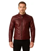 Mens Real Lambskin Leather Maroon Biker Jacket – Quilted Shoulder