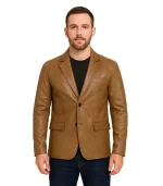 Mens Two Button Camel Brown Leather Blazer