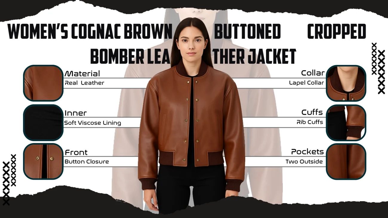 Women’s Cognac Brown Buttoned Cropped Bomber Leather Jacket