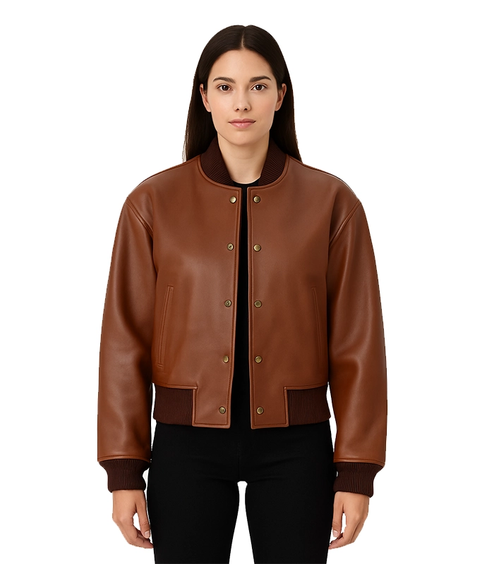 Women’s Cognac Brown Buttoned Cropped Bomber Leather Jacket Women’s Cognac Brown Buttoned Cropped Bomber Leather Jacket