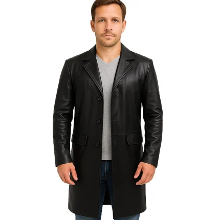 Men’s Cowhide Black Long Leather Coat
