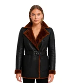 Women’s Black Leather Belted Shearling Coat – Double-Breasted Style