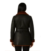 Women’s Black Leather Belted Shearling Coat – Double-Breasted Style