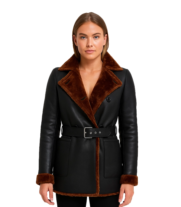 Women’s Black Leather Belted Shearling Coat – Double-Breasted Style Women’s Black Leather Belted Shearling Coat – Double-Breasted Style