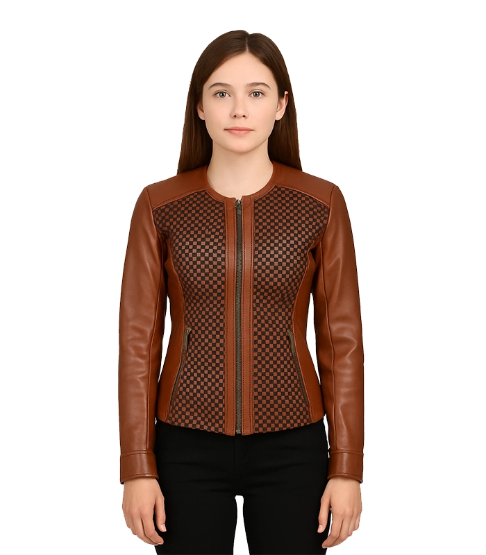 Womens Brown Textured Leather Biker Jacket (1) Womens Brown Textured Leather Biker Jacket