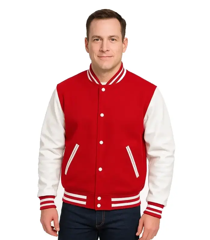 Red Varsity Jacket With White Leather Sleeves Red Varsity Jacket With White Leather Sleeves