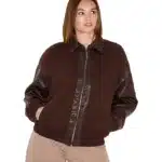 Contrast Brown Faux Leather Jacket Plus Size