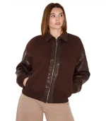 Contrast Brown Faux Leather Jacket Plus Size