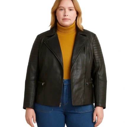 Front view of a woman wearing a black plus-size leather jacket with horizontal quilted stitching on the shoulders and sleeves.
