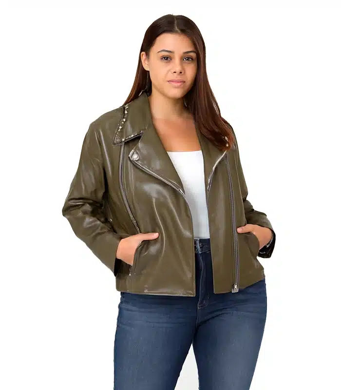 Womens Studded Collar Plus Size Leather Motorcycle Jacket (2) Womens Studded Collar Plus Size Leather Motorcycle Jacket