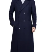 Aaron men’s blue double breasted long wool coat front view