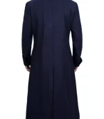 Aaron men’s blue long wool coat back view with rear vent