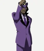 Front view look of the purple Slickback costume suit with a white fur-style trim from Zellberry Jackets.