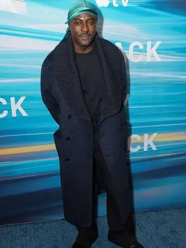 Idris-Elba-Navy-Blue-Wool-Coat. Idris Elba navy blue wool coat showing long overcoat style, clean lapels and winter-ready fit