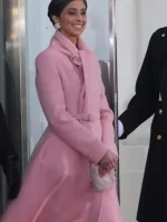 Front view of Usha Vance Pink Coat with scarf-style collar, clean fit, and elegant formal winter look