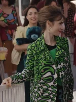 TV series style green printed coat for women with a sleek, long fit