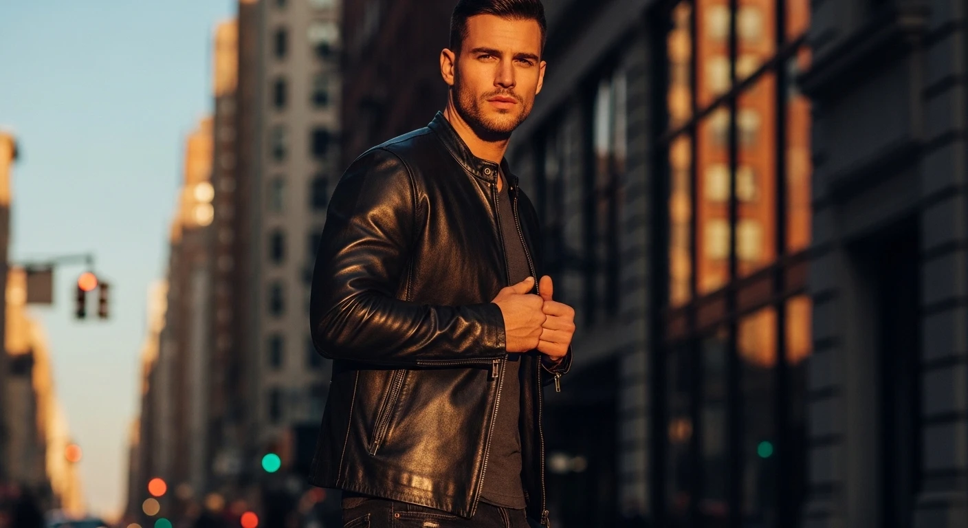Premium black leather jacket outfit in modern urban street style