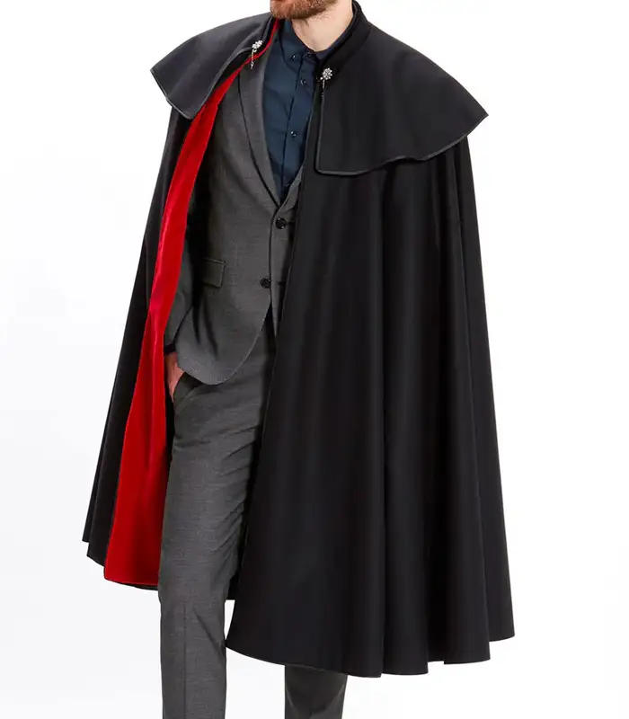 Mens 1901 Black And Red Cloak Front View Mens 1901 Black and Red Cloak front view with open front, stand up collar, and bold contrast