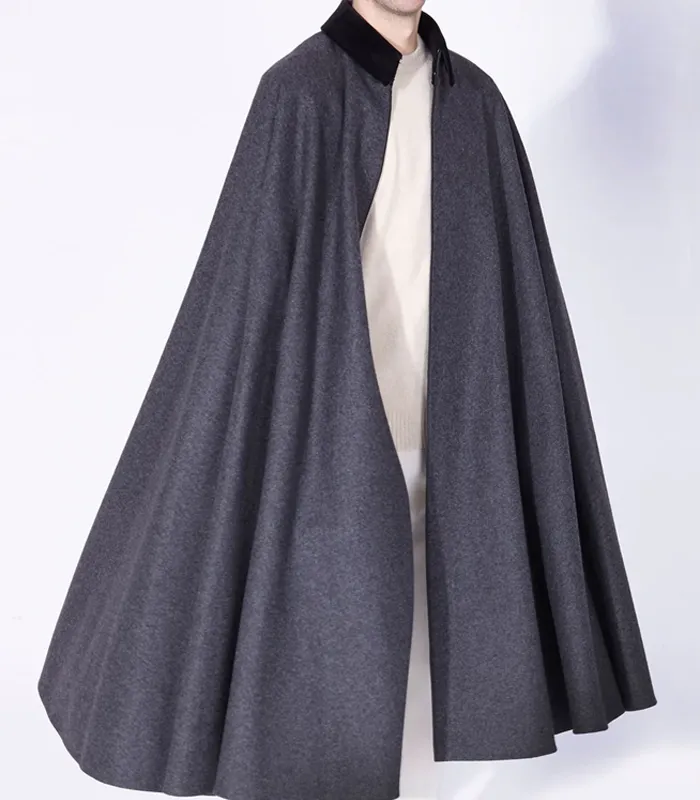 Mens Alfonso Long Grey Wool Cape Mens Alfonso Long Grey Wool Cape with full-length grey drape, open front, and clean menswear look
