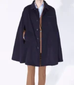 Mr Darcy Navy Wool Cape with navy wool body, satin lining, button front, and timeless cape silhouette